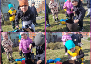 Kolaż zdjęć dzieci przygotowujących doniczki z ziemią do sadzenia roślin