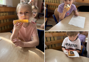 Kolaż przedstawia dzieci zajadające ciepłe i pyszne gofry