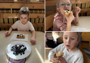 Kolaż przedstawia dzieci zajadające ciepłe i chrupiące gofry z dodatkami