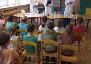 Zdjęcie przedstawia dzieci obserwujące eksperymenty.