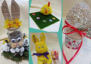 Cztery zdjęcia prezentujące prace konkursowe dzieci.