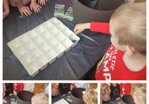 Słoneczka stoją przy stoliku i przygotowują się do siania owsa.