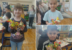 Kolaż przedstawia dzieci oraz rodziców podczas warsztatów wykonujących swoje prace