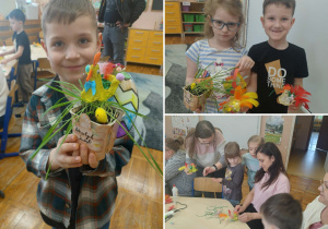 Kolaż przedstawia Smerfy i rodziców pracujących wspólnie podczas warsztatów