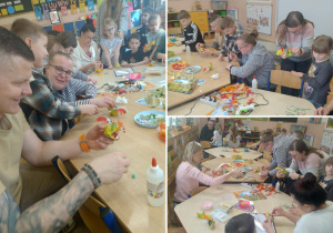 Kolaż przedstawia dzieci oraz rodziców podczas warsztatów wykonujących swoje prace