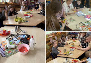 Kolaż przedstawia dzieci oraz rodziców w trakcie wspólnej pracy na warsztatach