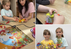Kolaż przedstawia dzieci oraz rodziców podczas warsztatów wykonujących swoje prace
