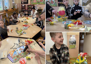 Kolaż przedstawia dzieci i rodziców podczas wykonywania ozdób na warsztatach