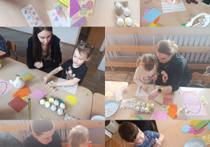 Kolaż zdjęć dzieci z pomalowanymi pisankami.