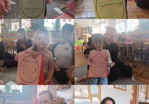 Dzieci prezentują swoje wyturlane pisanki.