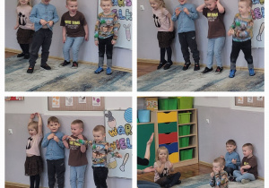 Kolaż zdjęć dzieci prezentujących świąteczną piosenkę.