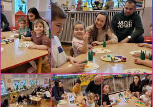 Kolaż prezentujący dzieci wraz z rodzicami podczas warsztatów wielkanocnych