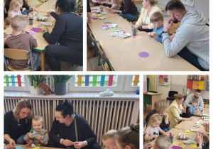 Słoneczka wraz z rodzicami wykonują ozdoby świąteczne