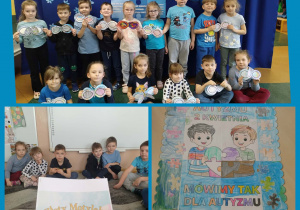 Kolaż zdjęć dzieci z grupy Smerfy podczas aktywności z okazji Dnia Świadomości Autyzmu