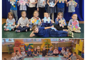 Kolaż zdjęć dzieci z grupy Żabki podczas aktywności z Dnia Świadomości Autyzmu, podczas których dzieci słuchały opowiadania Jaś i kolorowe motyle, samodzielnie kolorowały puzzle.