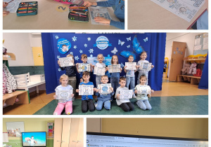 Kolaż zdjęć dzieci z grupy Motylki przedstawia wspólne zajęcia związane z obchodami Dnia Świadomości Autyzmu, podczas których dzieci kolorują, oglądają prezentację i prezentują swoje prace.