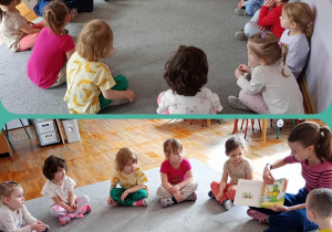 Kolaż zdjęć, na których dziewczyna pokazuje dzieciom ilustracje w książce.