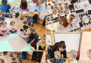 Kolaż zdjęć dzieci z grupy Stokrotki podczas słuchania opowieści o pochodzeniu kakao.