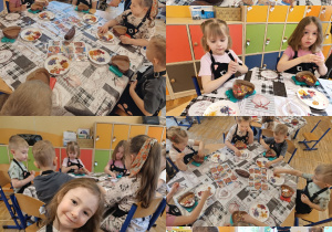 Kolaż zdjęć dzieci z grupy Stokrotki podczas dekorowania swojej czekolady.