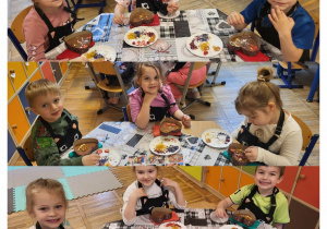 Kolaż zdjęć dzieci z grupy Żabki podczas dekorowania swojej czekolady.