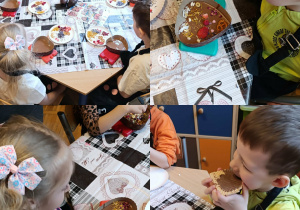 Kolaż zdjęć dzieci z grupy Misie podczas ozdabiania i degustacji czekolady.