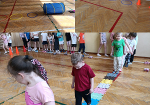 Dzieci w czasie zajęć sportowych na sali gimnastycznej.