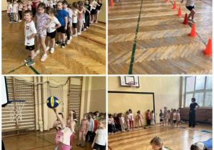 Dzieci w czasie zajęć sportowych na sali gimnastycznej.