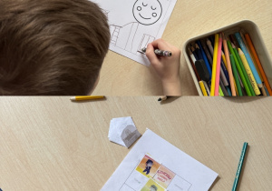 Kolaż przedstawia dzieci wykonujące karty pracy do swoich albumów i wklejające pamiątkowe naklejki