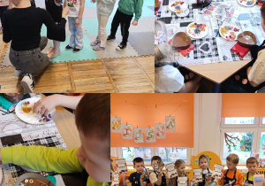 Kolaż zdjęć przedstawiający dzieci z grupy Misie podczas warsztatów czekolady.
