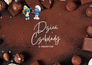 Grafika czekoladki, kakao i napis dzień czekolady u Smerfów