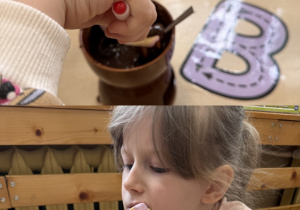 Dzieci maczają owoce w czekoladzie i wspólnie z nauczycielem robią kakaową farbę do malowania