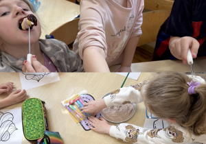 Dzieci jedzą owoce i pianki maczane w rozpuszczonej czekoladzie oraz malują babeczki wykonaną wspólnie kakaową farbą