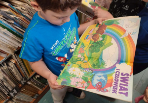 Chłopiec z grupy Misie ogląda książkę z kolorowymi ilustracjami podczas wizyty w szkolnej bibliotece.