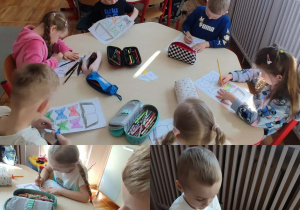 Kolaż zdjęć przedstawiający dzieci z grupy Misie wykonujących pracę plastyczną związaną z obchodami Dnia Książki.