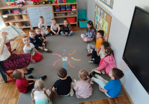 Dzieci oglądają zniszczoną książkę po wysłuchaniu wiersza „Smutna książeczka”.