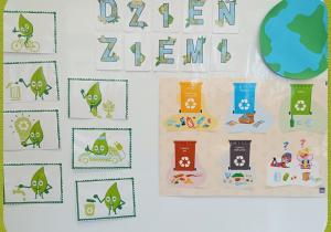 Tablica z napisem Dzień Ziemi, ilustracją dotyczącą segregacji odpadów oraz eko – kodeksem.