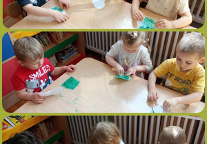 Trzy zdjęci prezentujące odbijanie przez dzieci pomalowanej na zielono folii bąbelkowej.