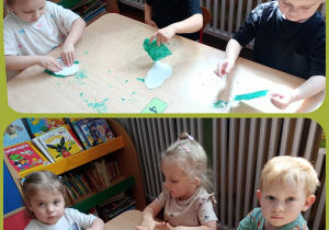 Kolaż – przedszkolaki odbijają pomalowaną folię bąbelkowa na białej kartce.