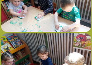 Dwa zdjęci tworzące kolaż, na których dzieci odbijają pomalowaną na zielono folię bąbelkowej.