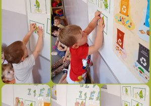 Kolaż przedstawiający dzieci przypinające piktogramy dotyczące ekologii.