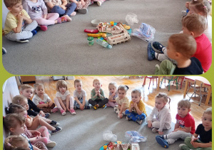 Kolaż dwóch zdjęć na których dzieci siedzą dookoła konturu Ziemi przysypanej odpadami.