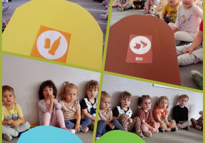 Kolaż prezentujący dzieci poznające przeznaczenie koszy w zależności na ich kolor.