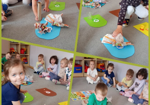 Cztery zdjęci tworzące kolaż ,na których dzieci segregują śmieci do odpowiednich koszy.