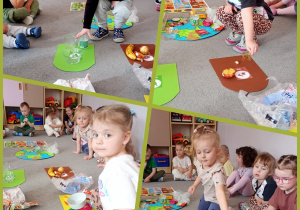 Kolaż ,na którym przedszkolaki segregują śmieci do odpowiednich koszy.