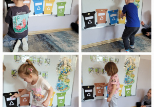 Kolaż zdjęć dzieci segregujących śmieci.