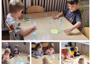 Słoneczka siedzą przy stoliku i układają puzzle z obrazkami Ziemi.