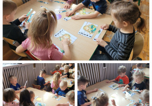 Słoneczka siedzą przy stoliku i układają puzzle z obrazkami Ziemi.