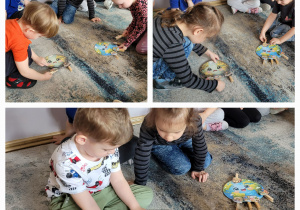 Kolaż zdjęć dzieci siedzących na dywanie podczas zabawy klamerkowej.