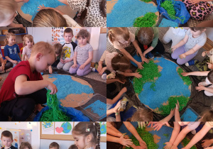 Kolaż zdjęć przedstawiający zabawy sensoryczne z makaronem i ryżem.