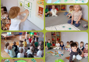 Zdjęcie prezentujące dzieci z grupy Biedronki w trakcie wykonywania zadań z okazji Dnia Ziemi.